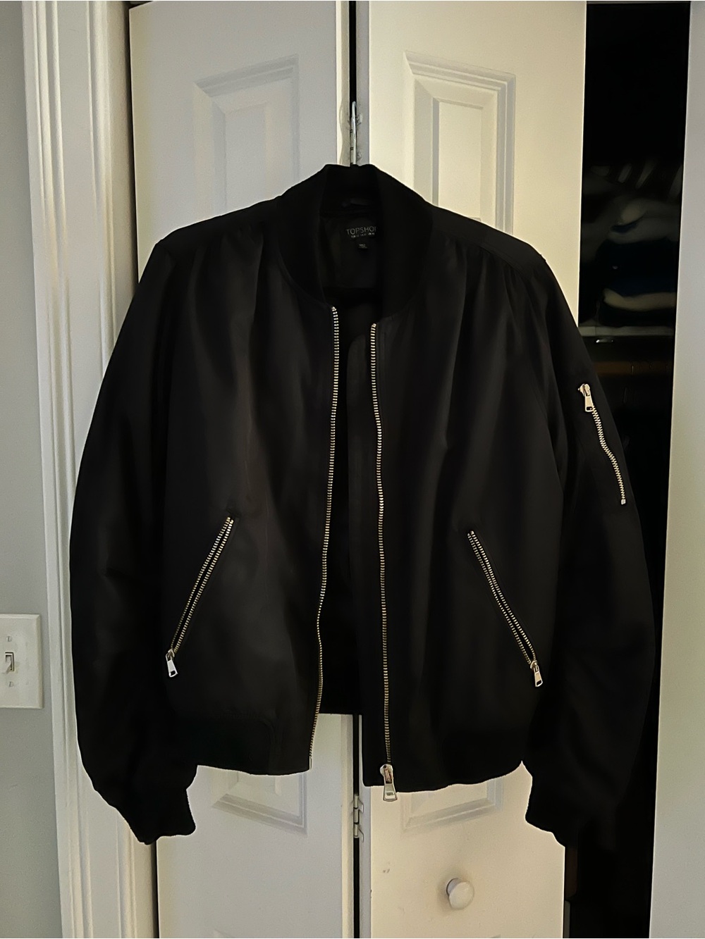 Topshop Black Bomber Jacket with Gold Zippers